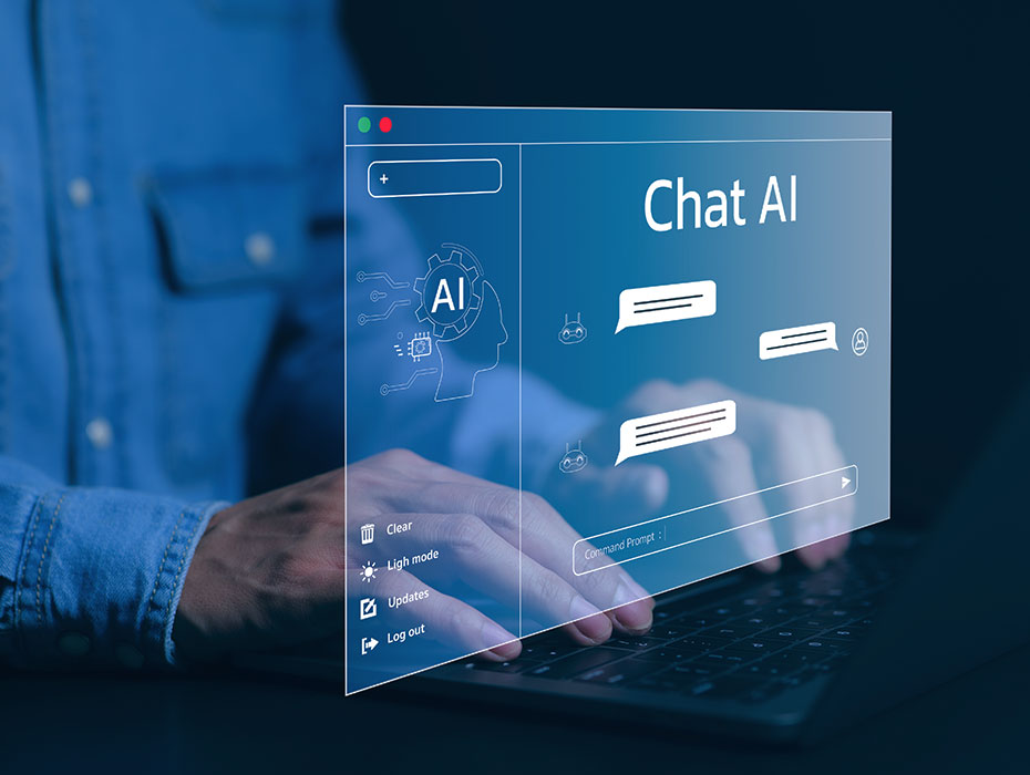 Hands on a keyboard with floating screen of a conversation in AI Chat