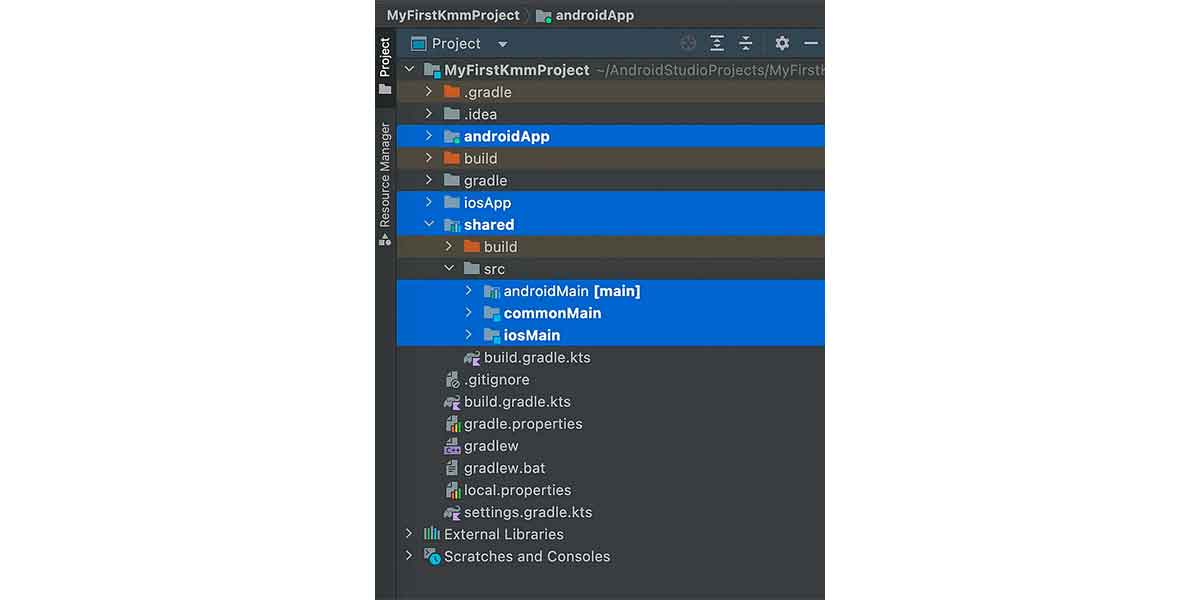 Vista de la estructura del proyecto KMM en Android Studio