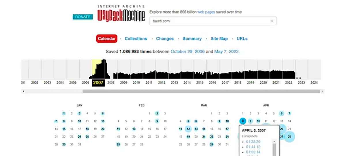 Historial almacenado de tuenti.com en el año 2007