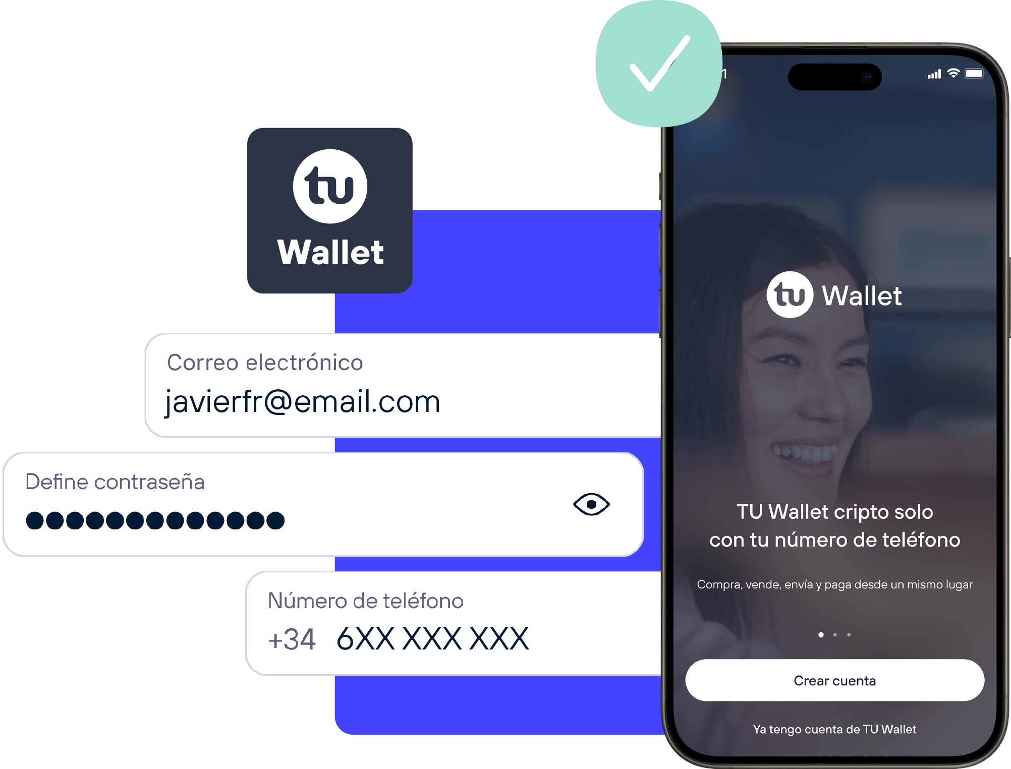 Pantalla de móvil donde se muestra los pasos para crear tu cuenta Wallet con el email y número de teléfono.